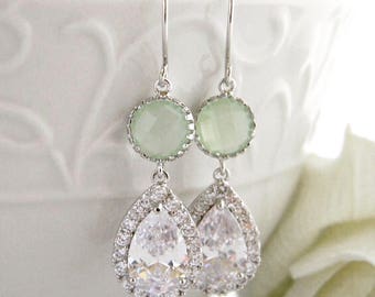 Mint and Clear Bridal Earrings, Wedding Jewelry, Dangle Earrings, Crystal Earrings, Bridesmaid Earrings, Bride Earrings, Bridesmaid Gifts