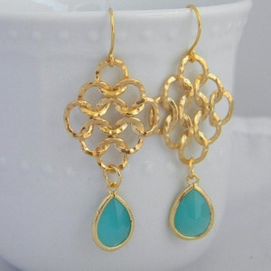 Gold Statement Earrings with Turquoise Jewels- Large Gold Dangle Statement Earrings-Gold Love Knot Earrings- Geometric Statement Earrings