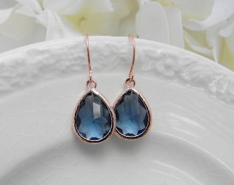 Rose Gold Earrings - Navy Blue Earrings - Rose Gold Bridesmaid Earrings -  Wedding  Earrings - Bridesmaid Gift - Dangle Earrings - Gift Idea