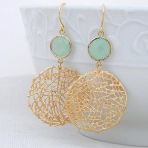 Gold Statement Earrings with Mint Green Jewels Large Gold Dangle Statement Earrings-Gold Mesh Circle Earrings Geometric Statement Earrings image 5