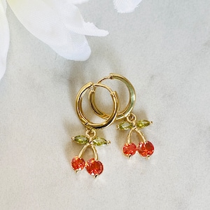 Cherry Dangle Earrings • Dainty Huggie Hoop Cherry Earrings • Cute Gold Cherry Hoop Earrings • Summer Earrings • Fruit Earrings Gift For Her