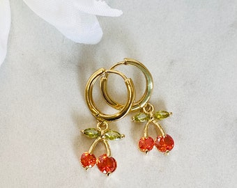 Cherry Dangle Earrings • Dainty Huggie Hoop Cherry Earrings • Cute Gold Cherry Hoop Earrings • Summer Earrings • Fruit Earrings Gift For Her