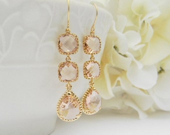 Peach Champagne / Blush Wedding Earrings / Champagne Bridesmaid Earrings / Gold Earrings / Bridesmaid Gift / Peach Dangle Earrings / Gift