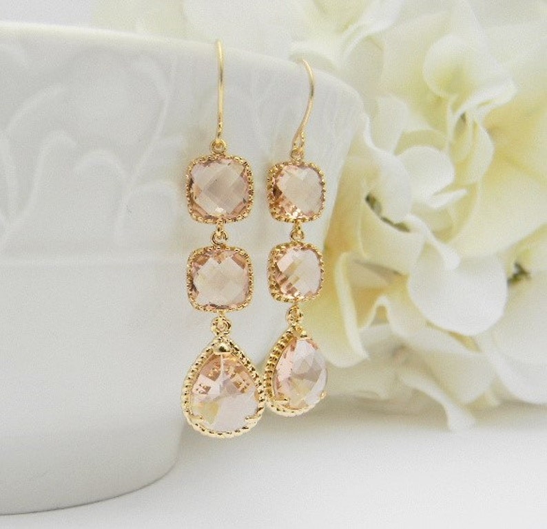 Peach Champagne Blush Wedding Earrings Champagne Bridesmaid Earrings Gold Earrings Bridesmaid Gift Peach Dangle Earrings Gift