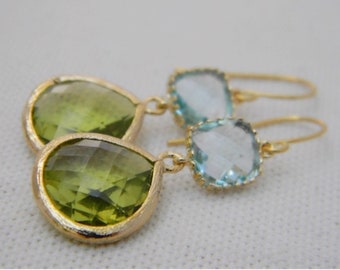 Peridot and Aquamarine Dangle Earrings Trimmed in Gold Bride- Drop Earrings-Bridal-Wedding-Bridesmaid Gift
