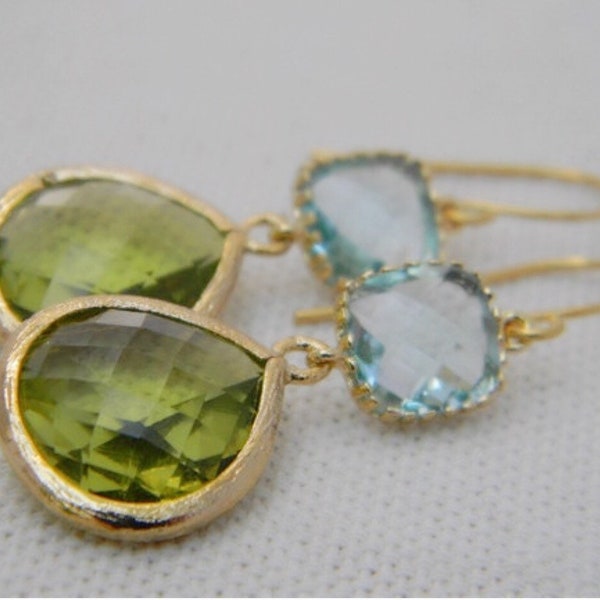 Peridot and Aquamarine Dangle Earrings Trimmed in Gold Bride- Drop Earrings-Bridal-Wedding-Bridesmaid Gift