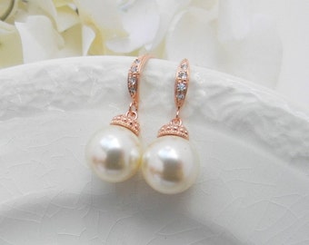 Rose Gold Pearl Bridesmaid Earrings / Pearl Dangle Earrings/ Bridesmaid Gift Ideas /Bridesmaid Earrings/ Rose Gold Pearl Bridesmaid Earrings