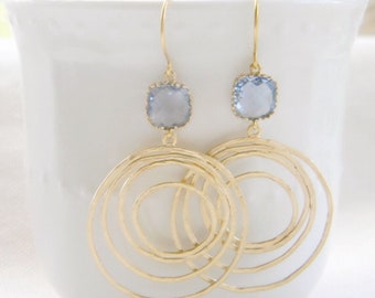 Gold Swirl and Light Sapphire Blue Glass Dangle Earrings in Gold-Dangle Earrings