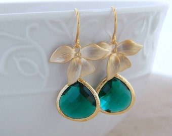 Emerald Green Earrings - Gold Earrings - Fashion Emerald Earrings-Gold Orchid Teardrop Jewel Earrings-Gift For Her- Modern Jewlery