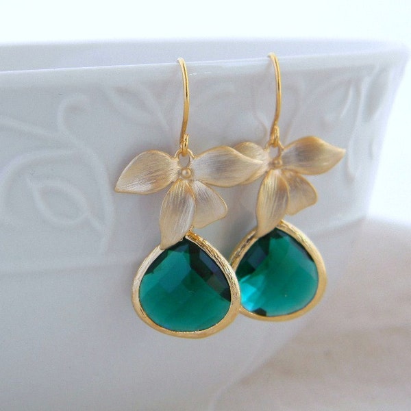 Pendientes verde esmeralda - pendientes de oro - pendientes esmeralda de moda-pendientes de joya de lágrima de orquídea de oro-regalo para ella- joyería moderna