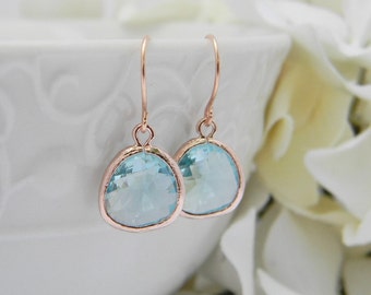 Aquamarine  Earrings in Rose Gold, Bridesmaid Gift, Dangle Earrings, Bridesmaid Earrings, Wedding Jewelry, March Birthstone Jewelry