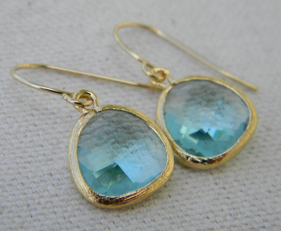 Aquamarine Earrings Trimmed in Gold Bridesmaid Gift Dangle Etsy