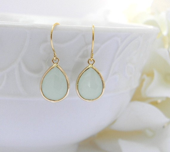 Mint Earrings Light Mint Dangle Earrings Gold Earrings Etsy