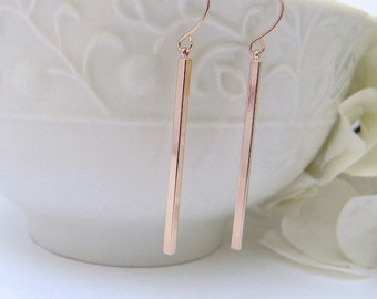 Slim Minimalist  Rose Gold Earrings- Rose Gold Skinny Bar Earrings - Simple Bar Dangle Earrings - Rose Gold Bar Earrings- Gift For Her