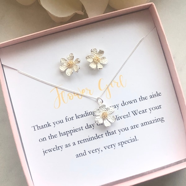 Flower girl necklace and earrings, flower girl set, personalized flower girl gift, flower girl proposal jewelry, little girl necklace