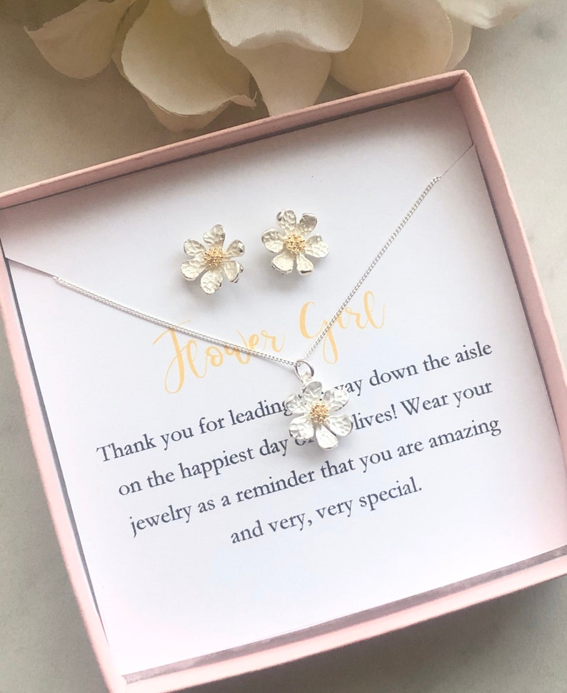 Flower girl necklace and earrings, flower girl set, personalized flower girl gift, flower girl proposal jewelry, little girl necklace image 1