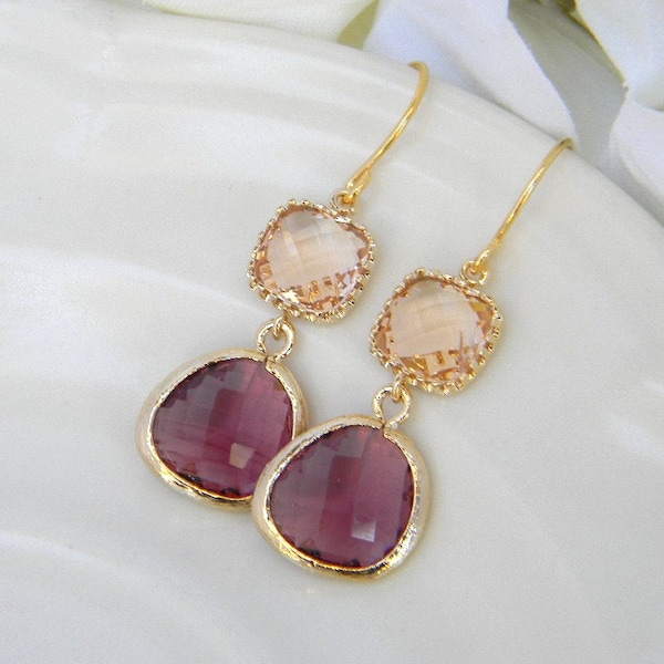Plum and Champagne Dangle Earrings Trimmed in Gold-Bridesmaid Earrings- Wedding Earrings-Bridal-Wedding-Gift For Her