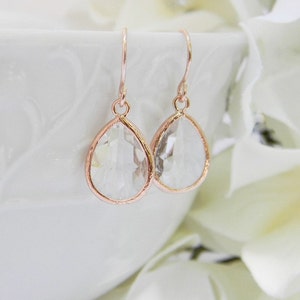 Rose Gold Earrings - Clear Earrings - Rose Gold Bridesmaid Earrings -  Wedding  Earrings - Bridesmaid Gift - Dangle Earrings - Gift For Her