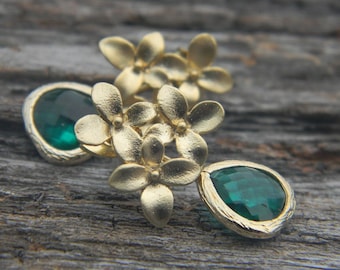 Emerald Green and Gold Earrings, Dangle Earrings, Emerald Dangle Earrings, Bridesmaid Gift, emerald Cherry Blossom Earrings