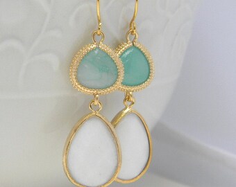 Turquoise and White Dangle Earrings Trimmed in Gold-Drop Earrings-Bridesmaid Gift- Wedding Earrings-Spring Wedding-Jewelry Gift