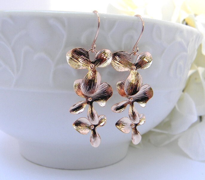 Rose Gold Earrings Orchid Dangle Earrings Rose Gold - Etsy