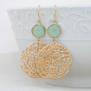 Gold Statement Earrings with Mint Green Jewels Large Gold Dangle Statement Earrings-Gold Mesh Circle Earrings Geometric Statement Earrings image 2