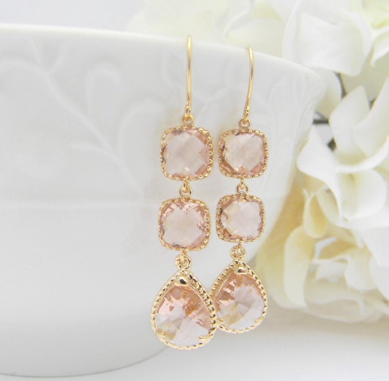 Peach Champagne Blush Wedding Earrings Champagne Bridesmaid Earrings Gold Earrings Bridesmaid Gift Peach Dangle Earrings Gift