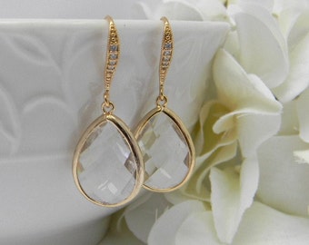 Gold Earrings / Wedding Earrings / Bridesmaid Earrings / Dangle Earrings / Bridesmaid Jewelry / Bridesmaid Gift / Clear Earrings / Earrings