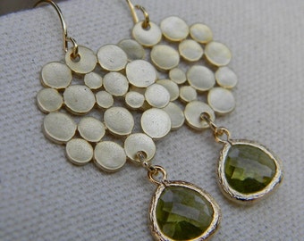Gold Bubble and Green Peridot Dangle Earrings Jewelry-Bride-Bridal