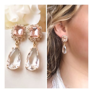 Chandelier bridal earrings, blush crystal bridesmaid earrings, vintage gold bridal earrings, blush and gold chandelier earrings, morganite