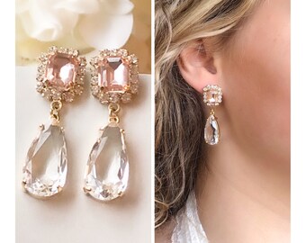 Chandelier bridal earrings, blush crystal bridesmaid earrings, vintage gold bridal earrings, blush and gold chandelier earrings, morganite