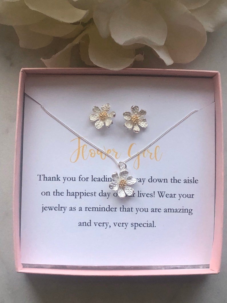 Flower girl necklace and earrings, flower girl set, personalized flower girl gift, flower girl proposal jewelry, little girl necklace image 4