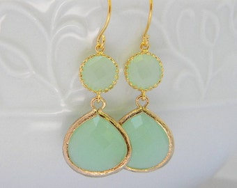 Mint Green Earrings in Gold-Bride-Bridesmaid- Dangle Earrings - Fashion Earrings-Drop Earrings-Mint Wedding-Mint Bridesmaid Gift