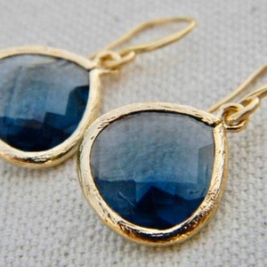 Navy Earrings / Sapphire Blue Dangle Earrings Trimmed in Gold / Bridesmaid Earrings / Gift For Her / Black Friday Etsy /September Birthstone