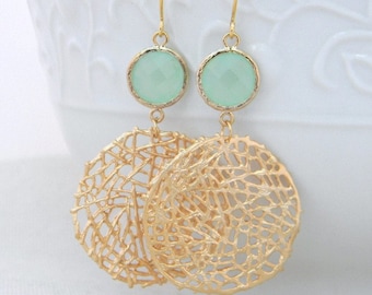 Gold Statement Earrings with Mint Green Jewels- Large Gold Dangle Statement Earrings-Gold Mesh Circle Earrings- Geometric Statement Earrings