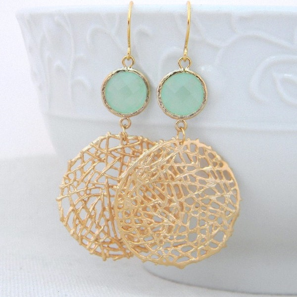 Gold Statement Earrings with Mint Green Jewels- Large Gold Dangle Statement Earrings-Gold Mesh Circle Earrings- Geometric Statement Earrings