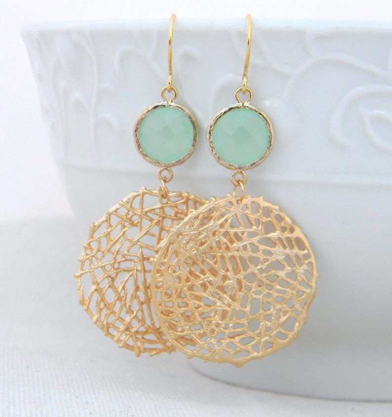 Gold Statement Earrings with Mint Green Jewels Large Gold Dangle Statement Earrings-Gold Mesh Circle Earrings Geometric Statement Earrings image 1