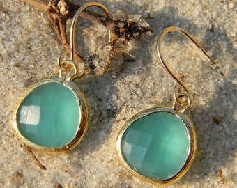 Aqua Earrings, Aqua Blue Dangle Earrings in Gold, Bridal, Wedding, Dangle Earrings . Mint Dangle Earrings, Bridesmaid Earrings, Gift For Her