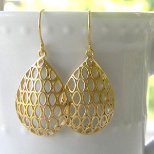 Gold Earrings, Gold  Filigree Teardrop  Earrings, Dangle Earrings,  Drop Earrings, Christmas Gift