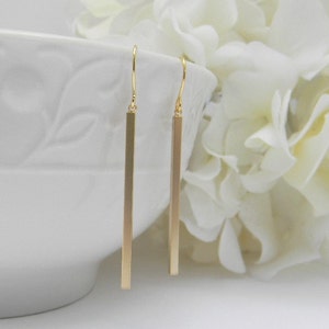 Slim Minimalist Gold Earrings Skinny Gold Bar Earrings Simple Bar Dangle Earrings Gold Bar Earrings Petite Earrings Christmas Gift image 1