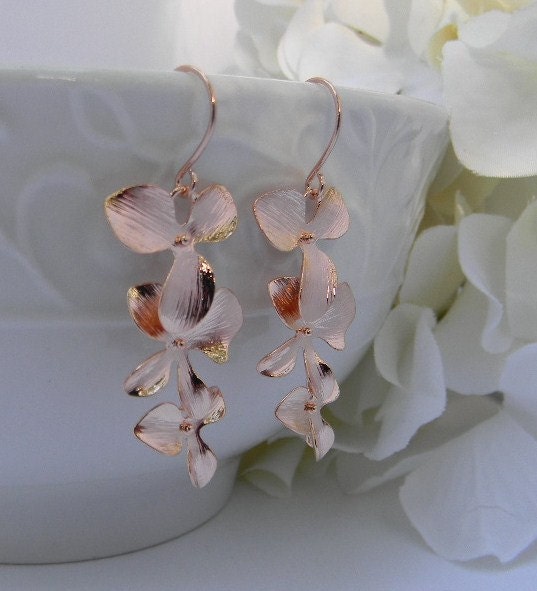 Rose Gold Earrings Orchid Dangle Earrings Rose Gold - Etsy