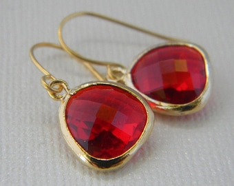 Ruby earrings - Ruby Red Dangle Earrings in Gold - Bridesmaid Gift - bridesmaid earrings - Christmas gift - Gift for Her- Gift Under 20