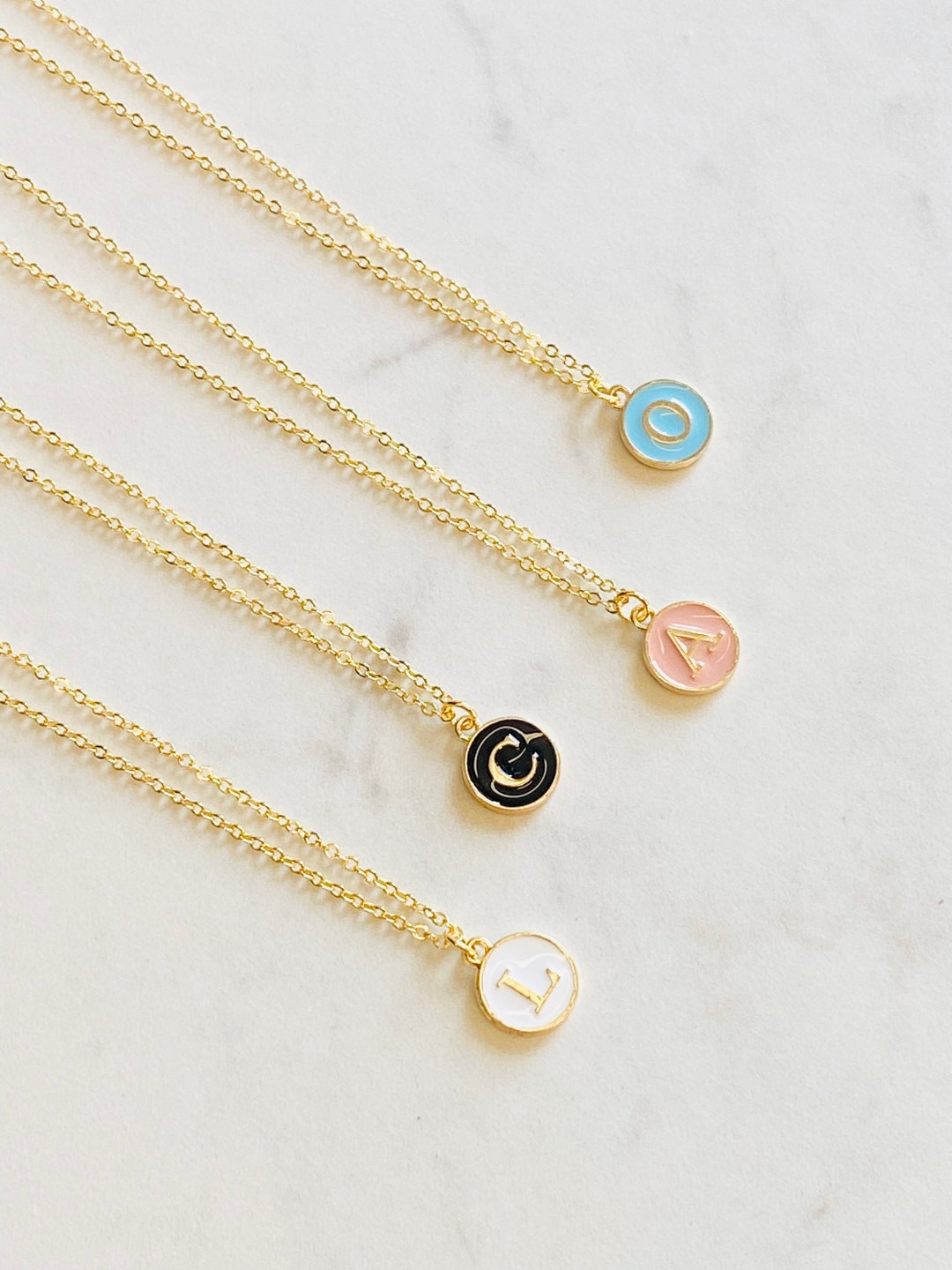 Enamel Initial Necklace on Gold Chain, Monogram Necklace for Women