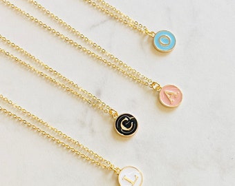 Enamel initial necklace on gold chain, Monogram necklace for women, Personalized pink, white, blue or black letter necklace, Christmas gift