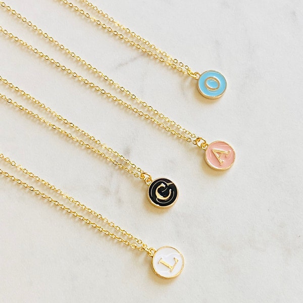 Enamel initial necklace on gold chain, Monogram necklace for women, Personalized pink, white, blue or black letter necklace, Christmas gift