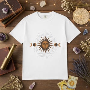 Celestial Comfort Colors® Shirt, Moon Phase T-shirt, Boho Mystical Moon And Sun Tee, Boho Moon Outfit, Spiritual Moon Women Clothing Gifts