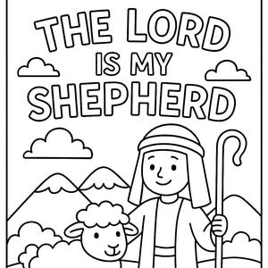 以下が含まれることがあります： 「THE LORD IS MY SHEPHERD」のテキストと、羊飼いと羊のイラストが描かれた白黒の線画。雲、山、花も含まれています。「PSALM 23:1」のテキストが下にあります。