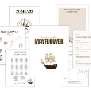 May include: Educational printables with a Mayflower theme, featuring a compass, packing list, word search, and a design activity. The colour scheme is predominantly brown and beige, suitable for classroom or home use.