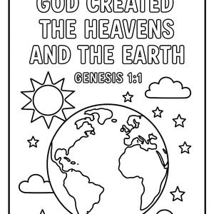 Può includere: Disegno a tratto in bianco e nero con la scritta "IN THE BEGINNING GOD CREATED THE HEAVENS AND THE EARTH GENESIS 1:1". L'immagine include un sole, nuvole, stelle e un globo.
