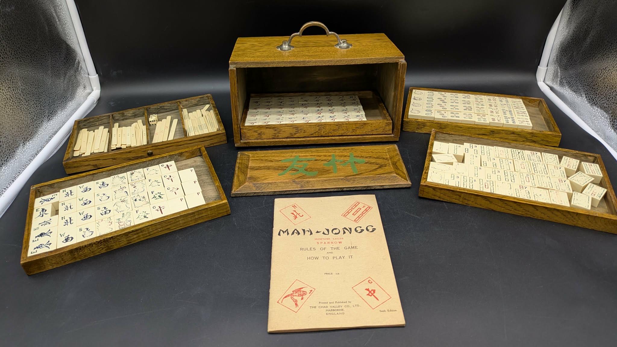 Ancien Coffret Mah Jong En Bois – Jeu De Tuiles Bambou Et Os – 1923 (Chine)